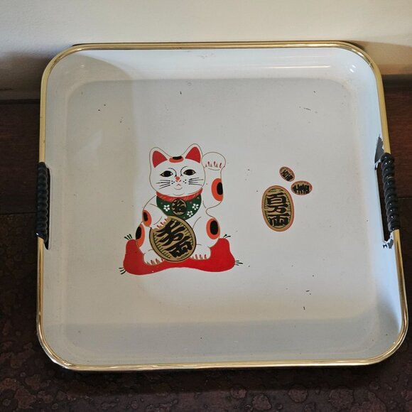 Maneki Neko Lucky Cat Ceramic Tea Set Teapot Cups Tray Handles Made In China - Picture 3 of 16
